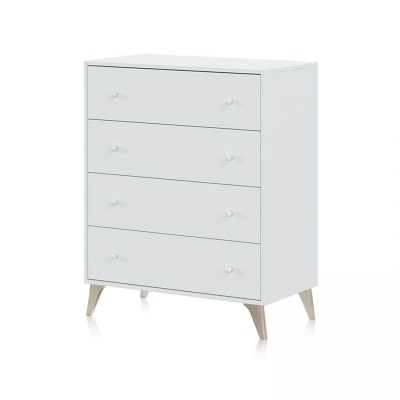 Cómoda branca com quatro gavetas e pernas de madeira