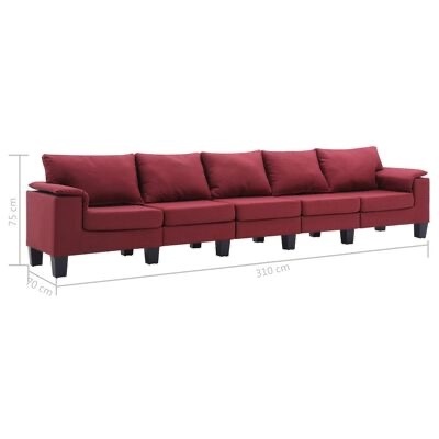 Sofá modular vermelho com várias almofadas e patas pretas