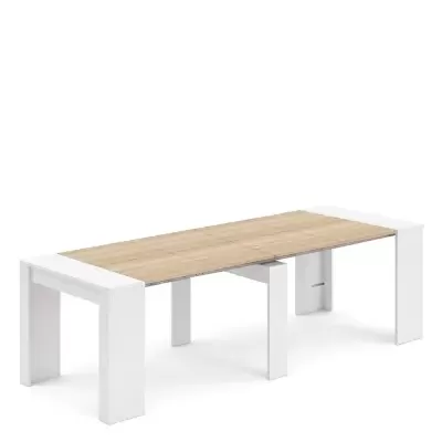 Mesa extensível madeira clara com estrutura branca