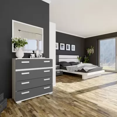 Quarto moderno com cómoda cinzenta e branca, cama branca com colchão cinzento, chão de madeira e paredes cinzentas.