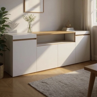 Móvel branco com tampo de madeira clara e decoração natural numa sala iluminada