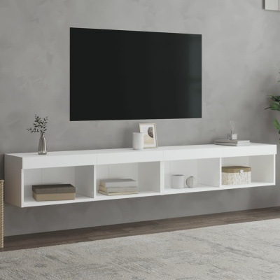 Móvel branco suspenso com nichos e decoração num ambiente de sala cinzenta.