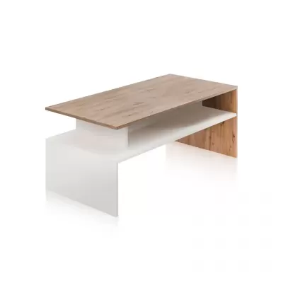 Mesa de centro moderna em madeira clara e branco com design geométrico