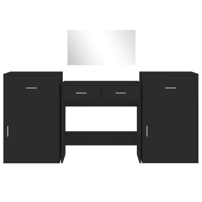Conjunto de mobília preta com armários, gavetas e espelho retangular