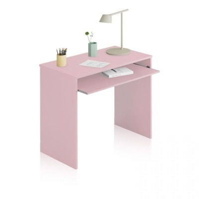 Secretária compacta cor-de-rosa com prateleira deslizante e objetos de decoração