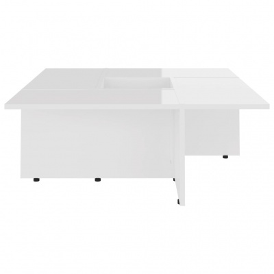 Mesa de escritório branca modular com tampo retangular e suporte em painéis retos