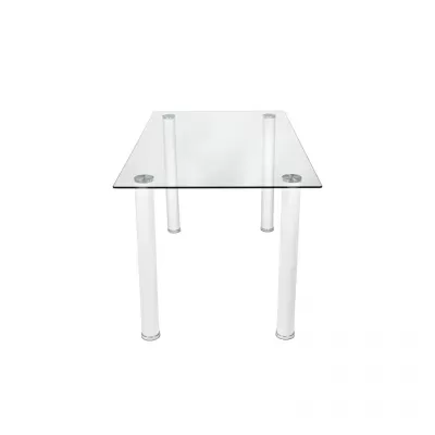 Mesa quadrada com tampo em vidro e pés brancos
