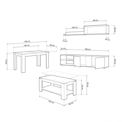 Desenho técnico de mesa, mesa de centro e móvel TV com dimensões