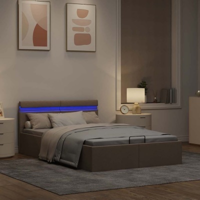 Quarto com cama estofada castanha com luz azul na cabeceira e decoração minimalista