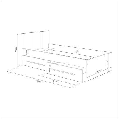 Desenho técnico de cama com gavetas e medidas em centímetros