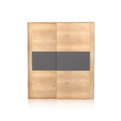 Roupeiro de madeira clara com painel cinzento e portas de correr