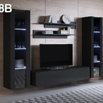 Móvel de televisão modular preto com armários de vidro iluminados, prateleiras suspensas e painel de madeira clara