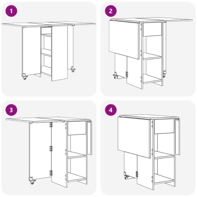 Instruções ilustradas de mesa dobrável com rodas e prateleiras em quatro etapas numeradas.