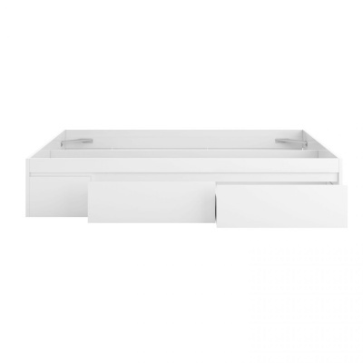 Cama branca com três gavetas integradas vista frontal sobre fundo branco