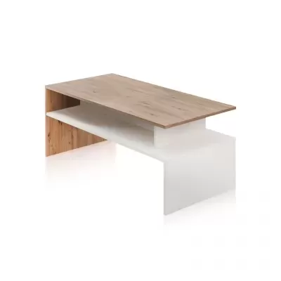 Mesa de centro retangular com tampo em madeira clara e estrutura em branco