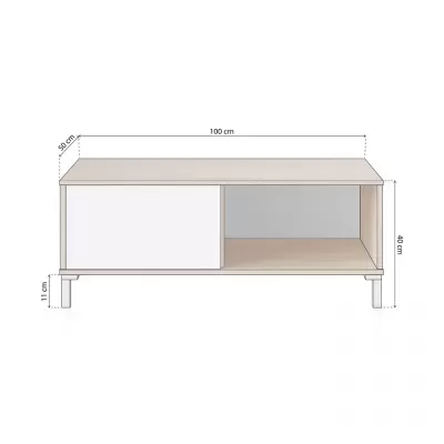 Móvel aparador de madeira clara com porta branca e compartimento aberto