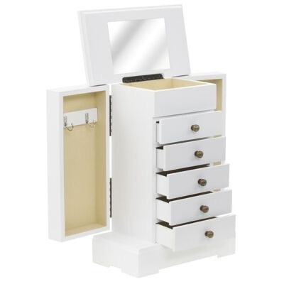 Móvel branco com gavetas, porta lateral com ganchos e espelho no topo aberto