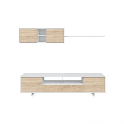 Conjunto de móveis sala estar branco e madeira clara, aparador e estante suspensa