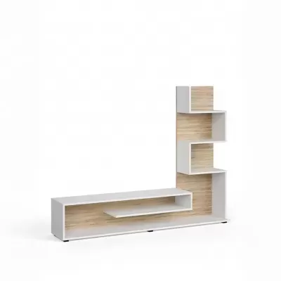 Móvel de apoio branco e madeira com prateleiras em design moderno