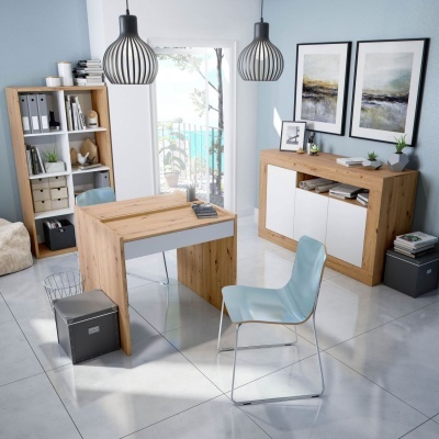 Escritório moderno com móveis de madeira clara, cadeira azul, candeeiros pretos, estante e aparador com plantas e quadros na parede