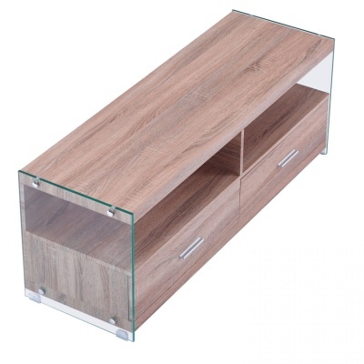 Mesa de centro em madeira clara com laterais de vidro transparente e gavetões