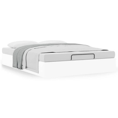 Cama de casal branca com gaveta e roupa de cama cinza e branca