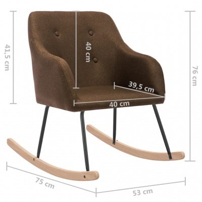 Cadeira de baloiço castanha com estrutura metálica preta e bases de madeira clara mostrando medidas.