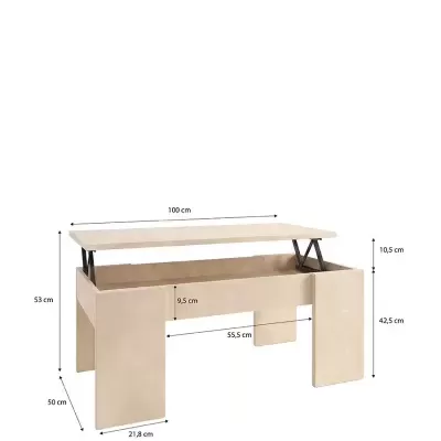 Mesa de centro elevatória bege with dimensions in cm on white background