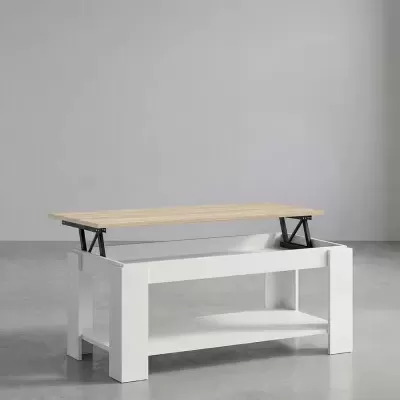 Mesa de centro branca com tampo de madeira clara elevatório