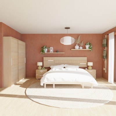 Quarto com cama de madeira clara, tapete redondo e decoração com plantas