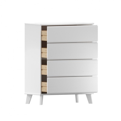 Cômoda branca com quatro gavetas e textura de madeira natural nas laterais internas