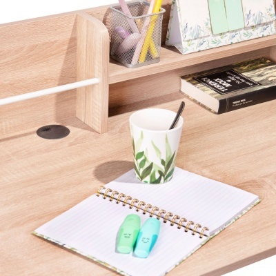 Mesa de escritório em madeira clara com caderno aberto e copo decorado com folhas verdes