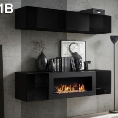 Móvel preto de parede com lareira elétrica embutida e decoração num ambiente minimalista