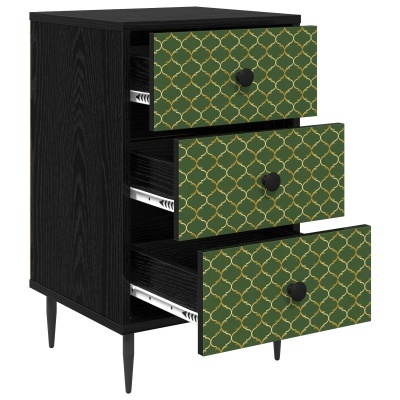Cômoda preta com três gavetas decoradas com padrão verde e dourado