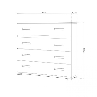 Desenho técnico de móvel com quatro gavetas e medidas