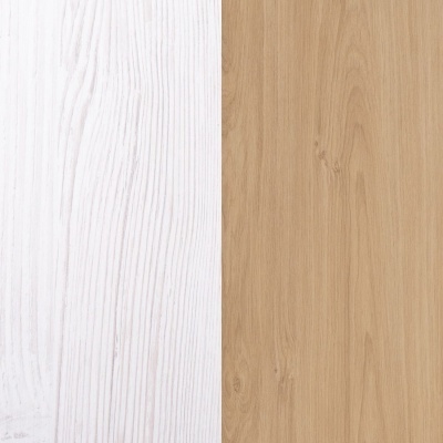 Duas amostras verticais de madeira, uma branca e outra castanha clara.