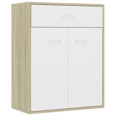 Móvel com gaveta superior e duas portas em madeira clara e branco