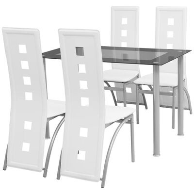 Conjunto de mesa de jantar com tampo de vidro e quatro cadeiras brancas