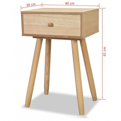 Mesa de cabeceira em madeira clara com gaveta e quatro pernas inclinadas