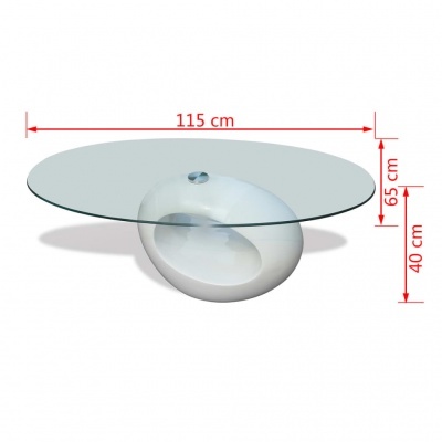 Mesa de centro oval com tampo em vidro transparente e base branca oval