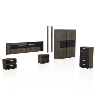 Conjunto de móveis para quarto em castanho texturizado com detalhes em preto