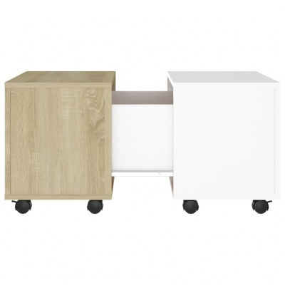 Móvel com duas caixas quadradas em madeira clara e branca sobre rodas pretas