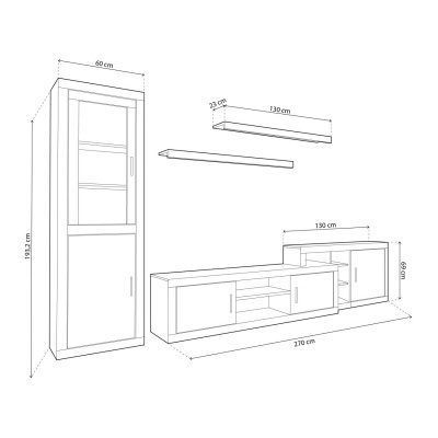 Desenho técnico de conjunto de móveis para sala com medidas, inclui armário alto, prateleiras e móvel baixo.