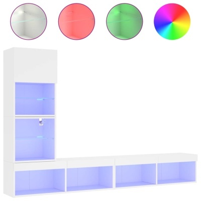 Estante branca com luz LED azul e opções de cores diferentes para iluminação