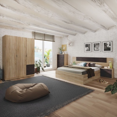 Quarto moderno com móveis de madeira clara e detalhes em preto