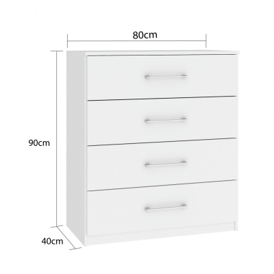 Cômoda branca com quatro gavetas e puxadores metálicos