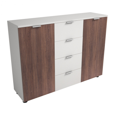 Móvel com duas portas e quatro gavetas em madeira castanha e branco