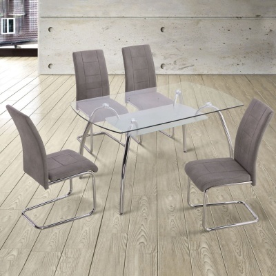 Conjunto de mesa de jantar com tampo de vidro e quatro cadeiras cinzentas estofadas.