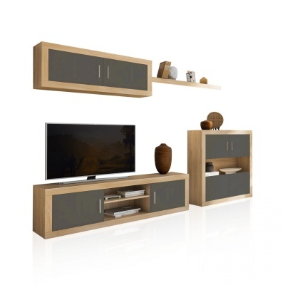 Conjunto de móveis sala madeira clara com frentes cinza e portas vidro fosco