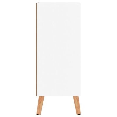 Móvel alto branco com pernas de madeira clara